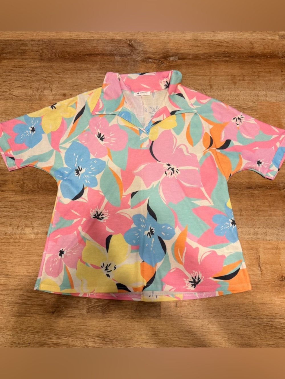 BOMBOM Men’s Waffle Knit Floral Polo Shirt Medium Retro 70s Pastel USA